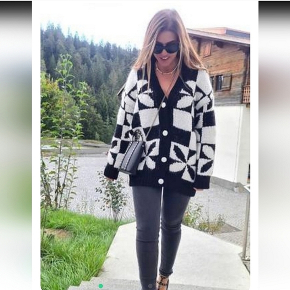 NEW * Zara Black White Checkered Knit Jacquard Chunky Knit Oversized Cardigan - Picture 7 of 16